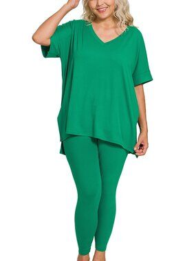 Zenana brushed dty microfiber 2-piece loungewear set Forest Green 1X